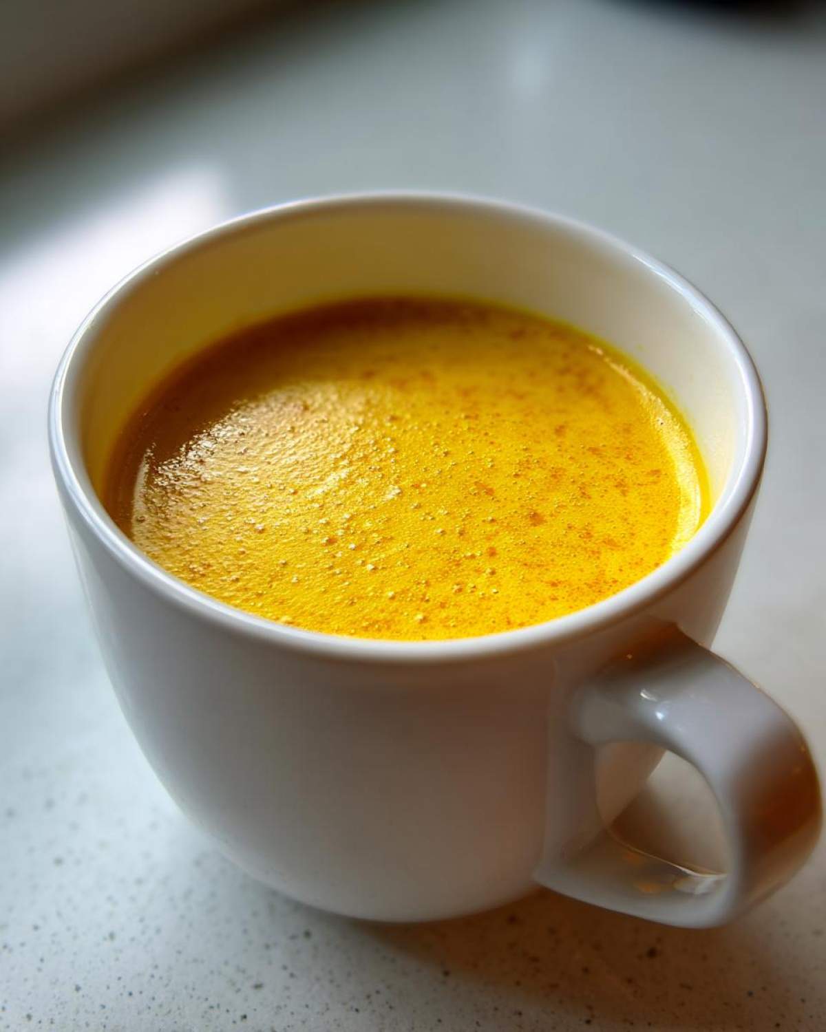 Close-up of a bright yellow, foamy liquid, resembling cheese soup, served in a white mug.