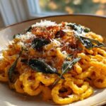 A close-up of rich, orange butternut squash pasta topped with grated Parmesan cheese, crispy sage leaves, and fried onions.