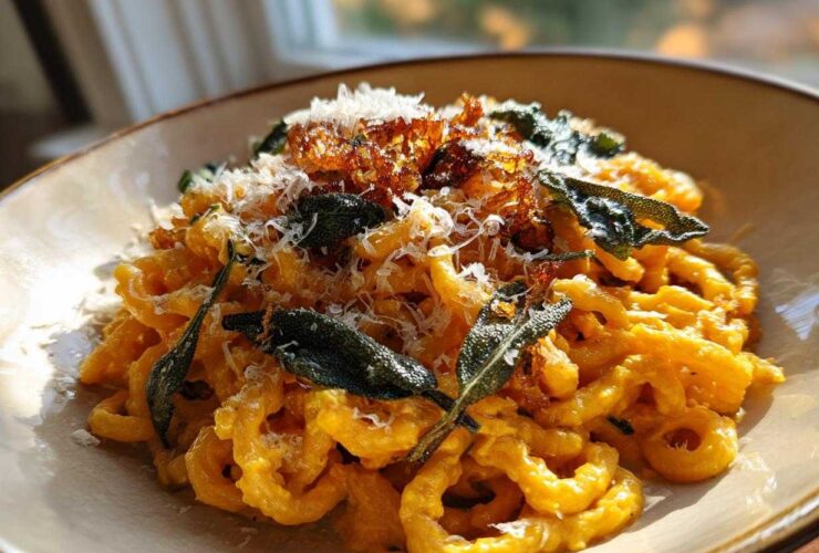 A close-up of rich, orange butternut squash pasta topped with grated Parmesan cheese, crispy sage leaves, and fried onions.