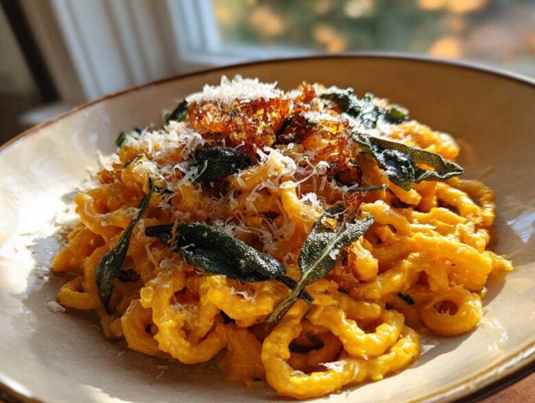 A close-up of rich, orange butternut squash pasta topped with grated Parmesan cheese, crispy sage leaves, and fried onions.