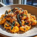 Close-up of vibrant orange butternut squash pasta topped with crispy sage leaves, grated Parmesan, and brown butter crumbs.