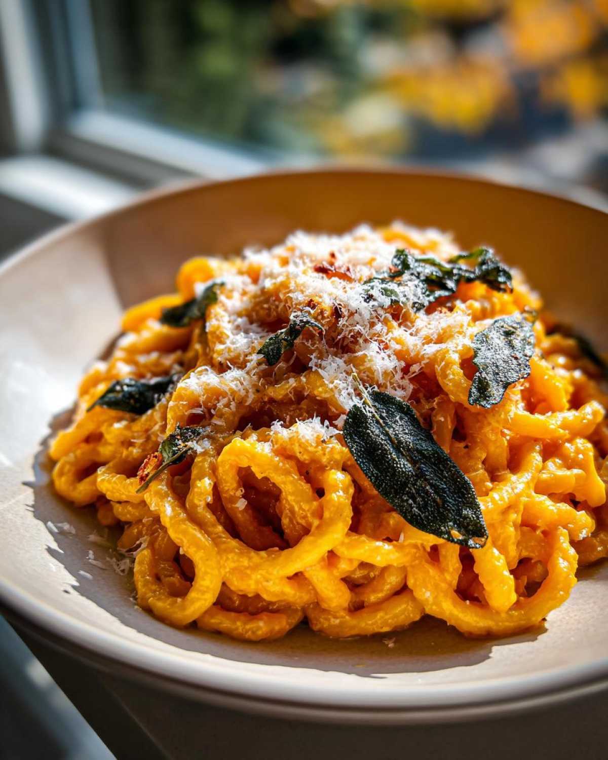 A close-up of creamy butternut squash pasta topped with grated Parmesan cheese and crispy sage leaves.