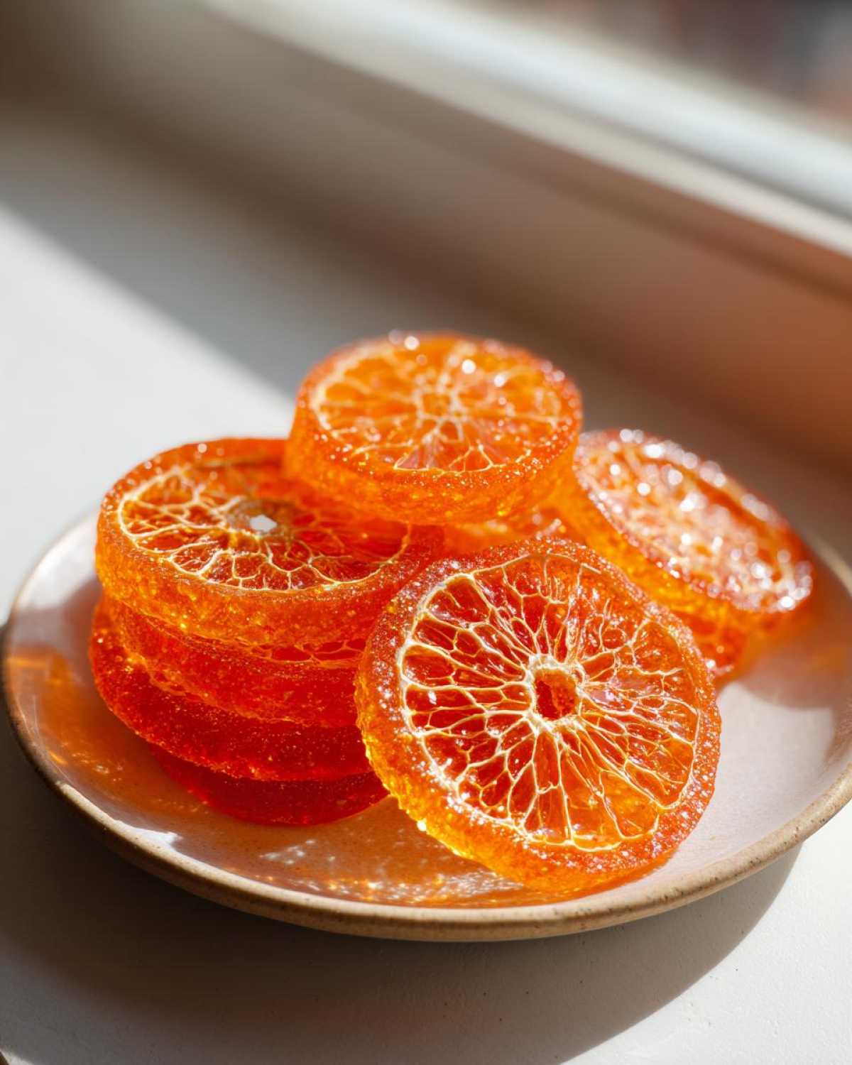 Close-up of glistening, bright orange candied orange slices stacked on a small ceramic plate in sunlight.