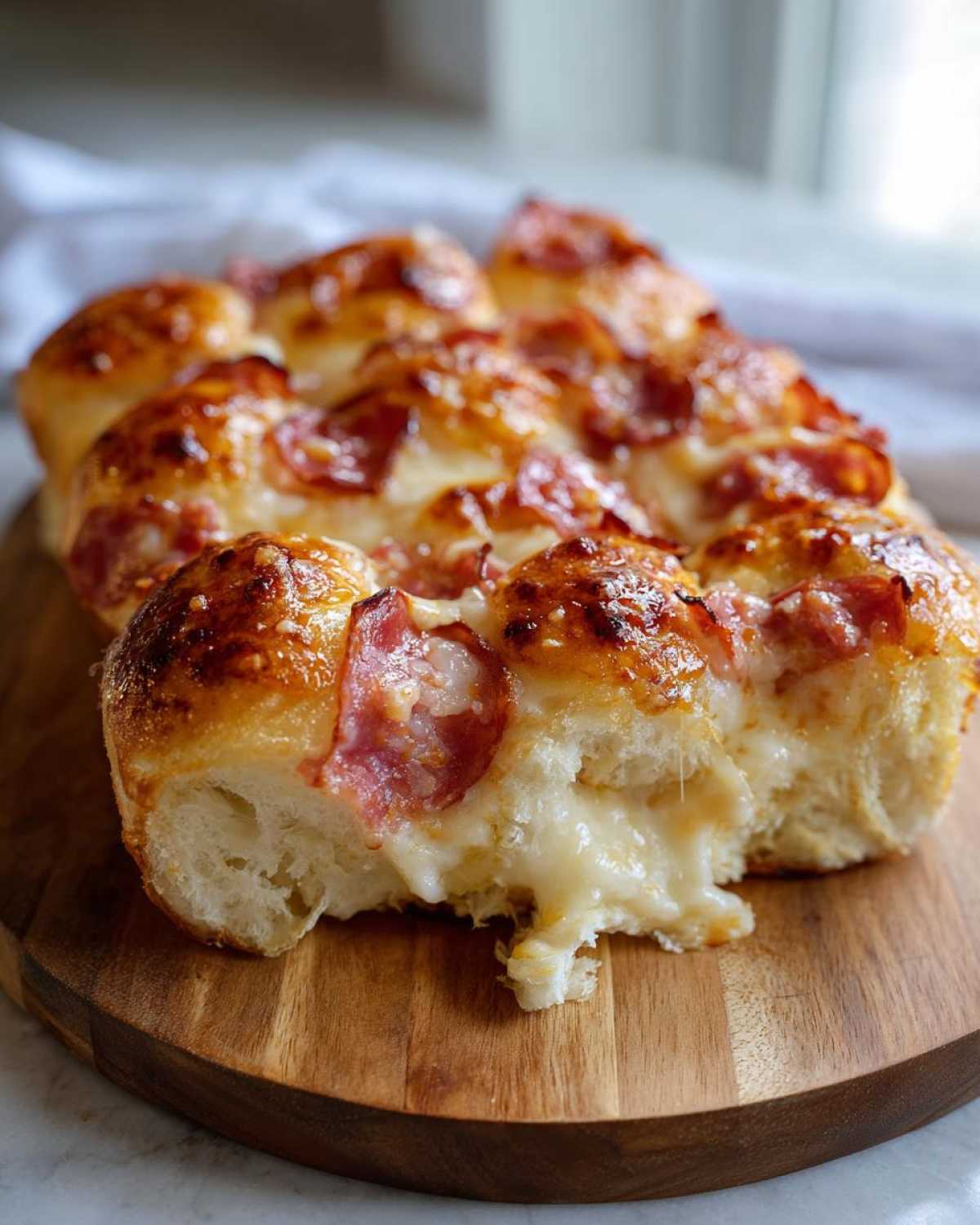 Close-up of cheesy, baked pizza sliders with pepperoni, showing a gooey cheese pull.