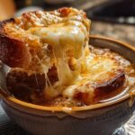 A spoonful of toasted bread covered in melted, stretchy cheese being lifted from a bowl of rich french onion soup.