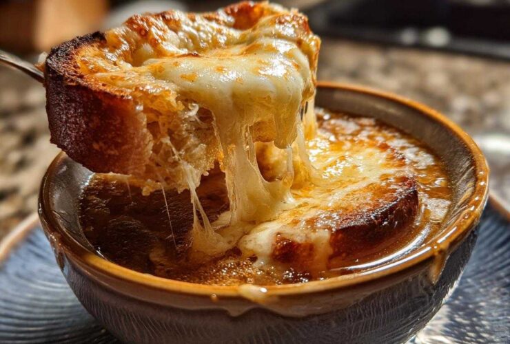 A spoonful of toasted bread covered in melted, stretchy cheese being lifted from a bowl of rich french onion soup.