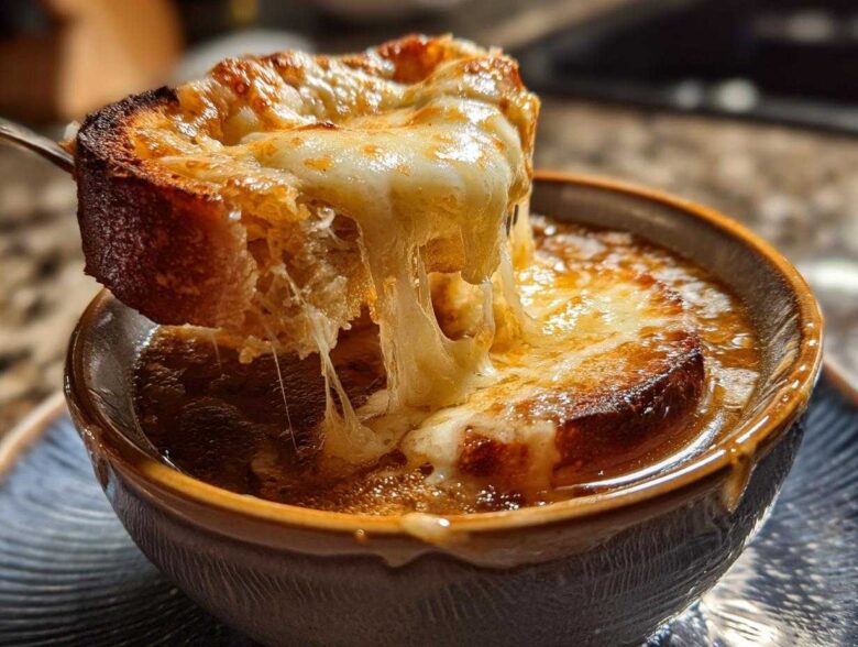 A spoonful of toasted bread covered in melted, stretchy cheese being lifted from a bowl of rich french onion soup.