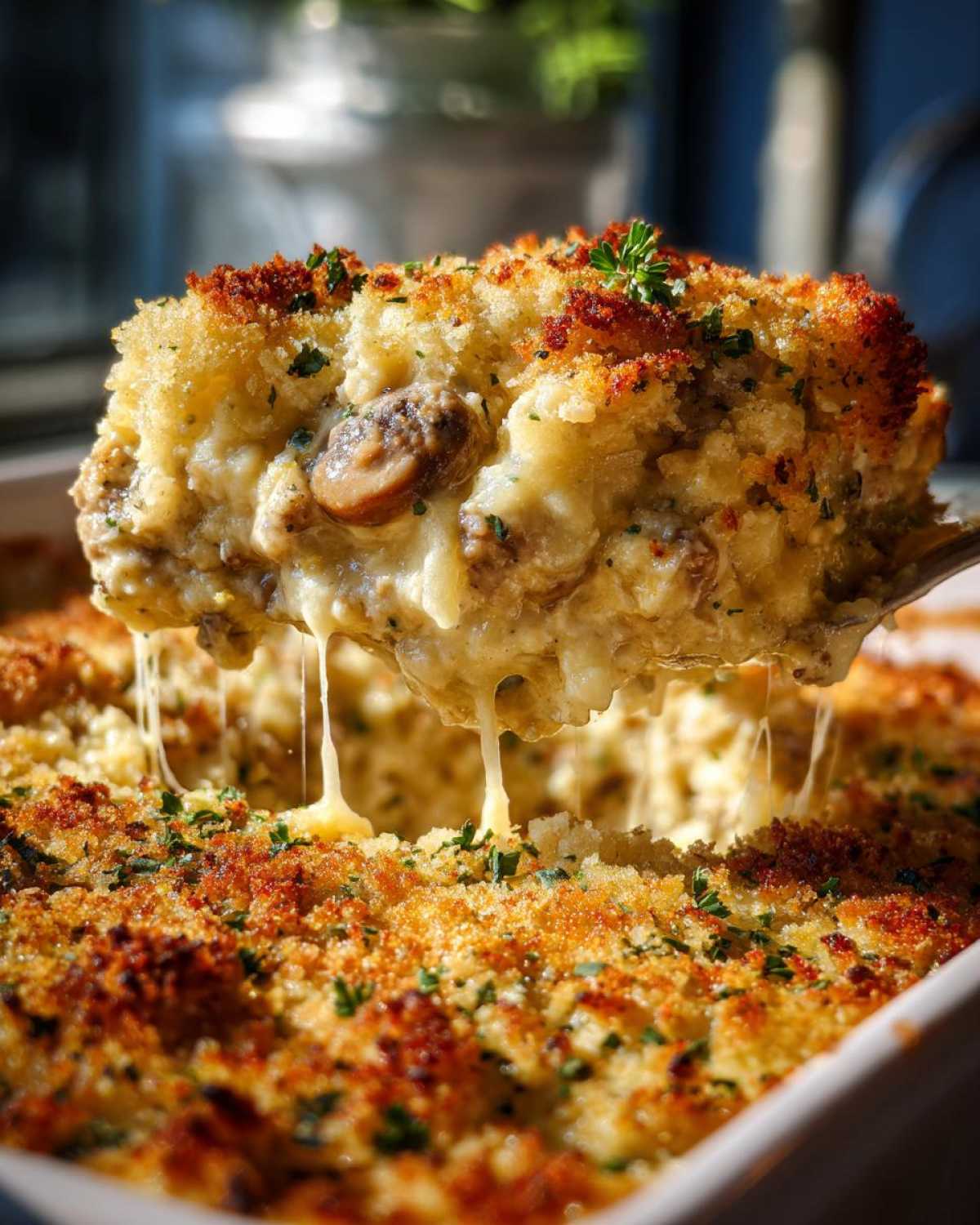 A spoonful of hot, cheesy stuffed mushroom dip being lifted from the baking dish, showing melted cheese strings.