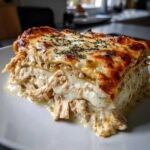 A rich, cheesy slice of chicken alfredo lasagna overflowing with shredded chicken and creamy sauce.
