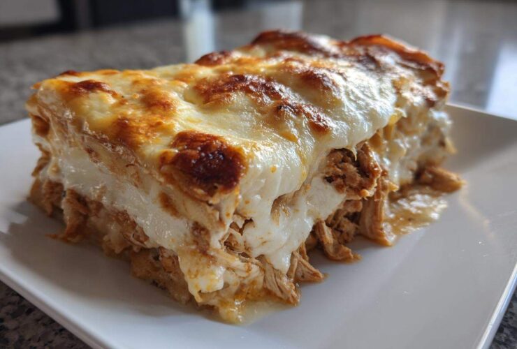 A generous slice of rich chicken alfredo lasagna showing layers of shredded chicken and creamy sauce topped with bubbly, browned cheese.