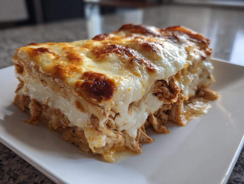 A generous slice of rich chicken alfredo lasagna showing layers of shredded chicken and creamy sauce topped with bubbly, browned cheese.