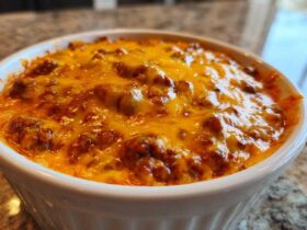 Close-up of hot, bubbly chili cheese dip topped with melted, bright orange cheddar cheese in a white ramekin.