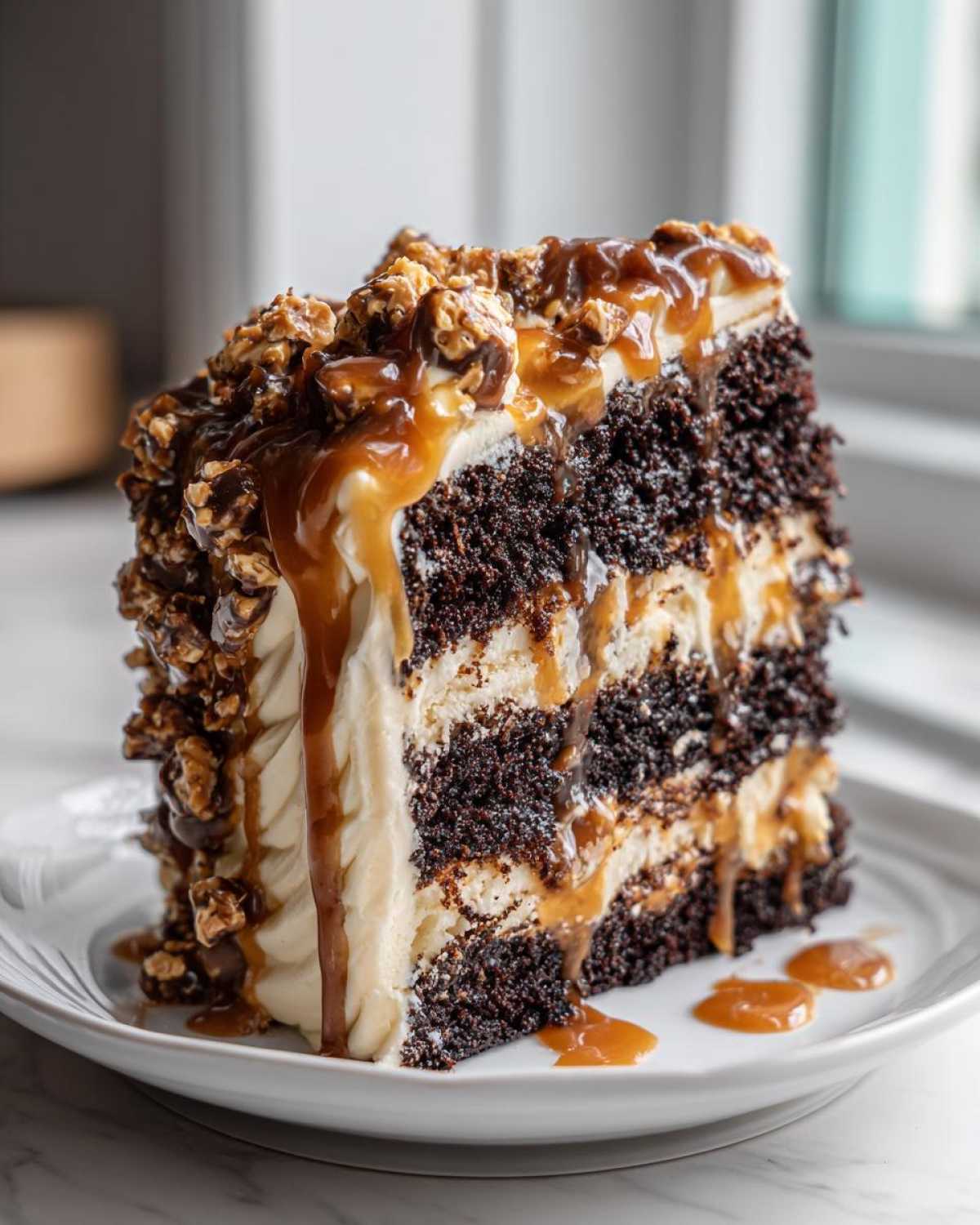 A decadent slice of chocolate caramel toffee crunch cake showing layers of dark cake, cream, and dripping caramel.