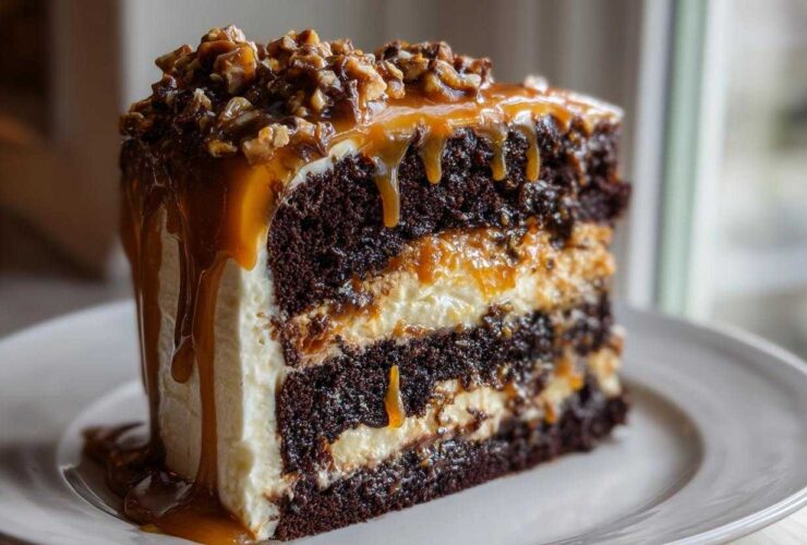 A decadent slice of chocolate caramel toffee crunch cake featuring dark layers, white frosting, and dripping caramel sauce with nuts.
