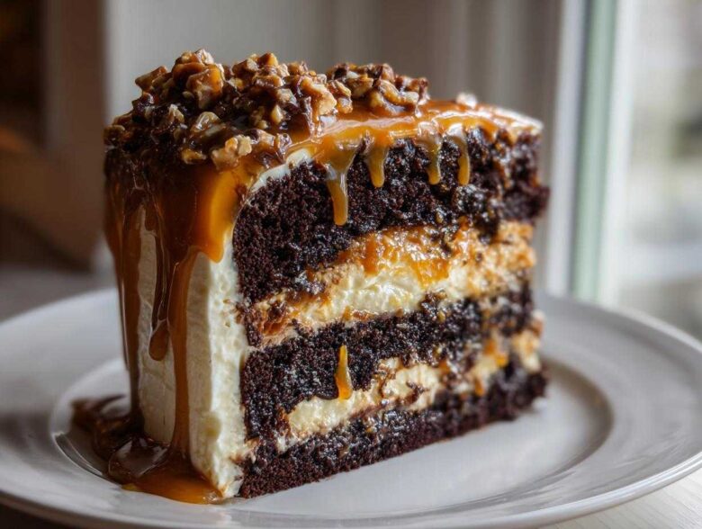 A decadent slice of chocolate caramel toffee crunch cake featuring dark layers, white frosting, and dripping caramel sauce with nuts.