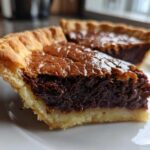 Close-up of a rich, dark slice of chocolate chess pie showing the flaky crust and gooey filling.