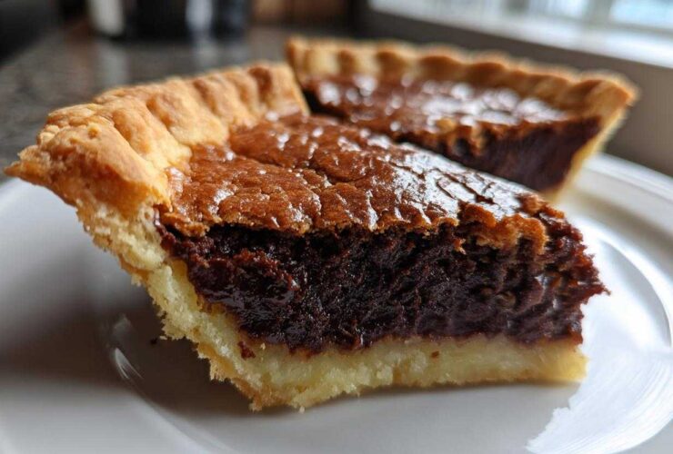 Close-up of a rich, dark slice of chocolate chess pie showing the flaky crust and gooey filling.