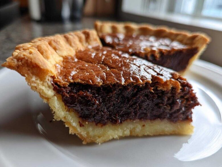 Close-up of a rich, dark slice of chocolate chess pie showing the flaky crust and gooey filling.