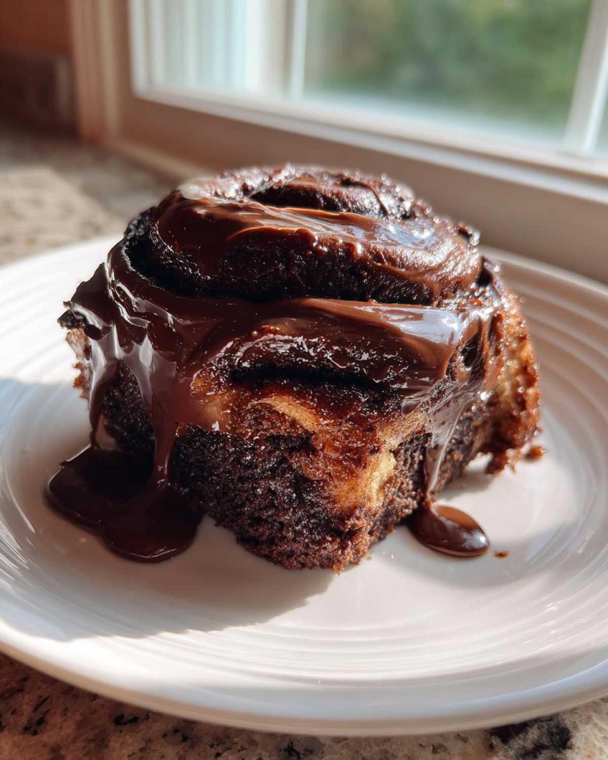 A single, rich chocolate cinnamon rolls topped with thick, dripping chocolate glaze on a white plate.
