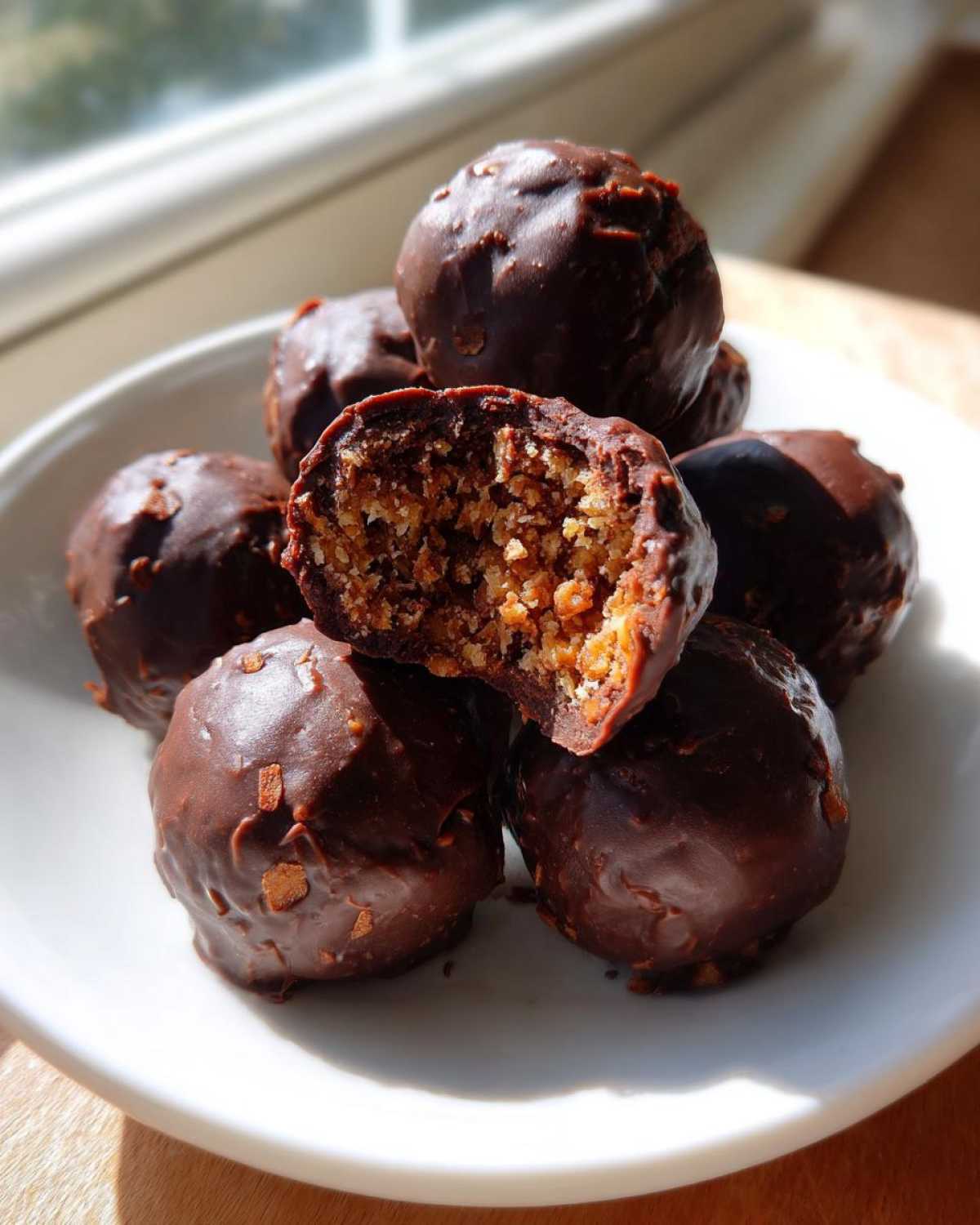 A stack of chocolate-coated coconut balls, with one bitten in half showing the textured interior.