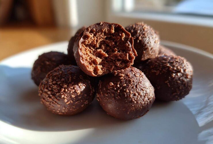 A pile of rich chocolate coconut balls on a white plate, with one bitten open revealing the textured interior.