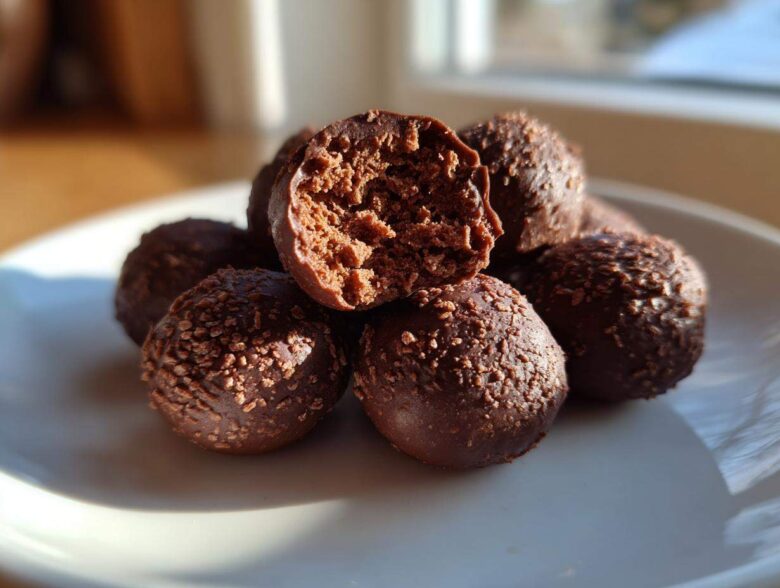 A pile of rich chocolate coconut balls on a white plate, with one bitten open revealing the textured interior.