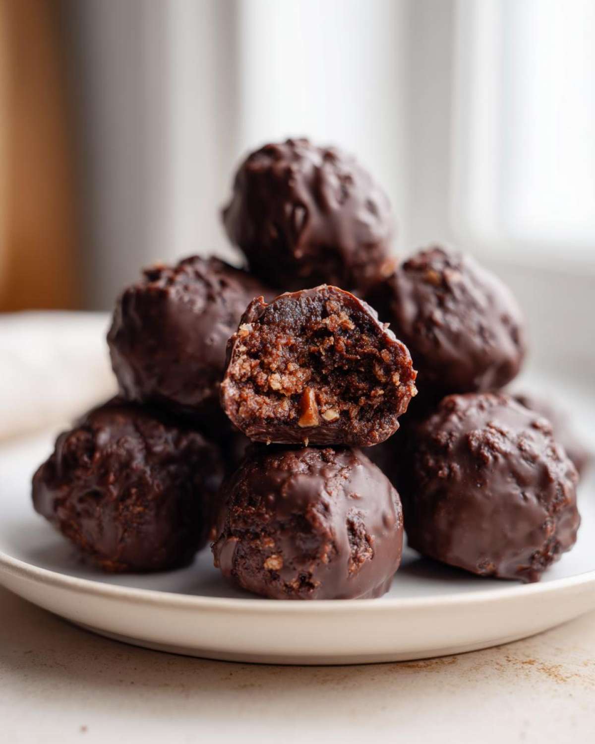A stack of rich, chocolate-coated pecan pie balls, with one cut in half showing the textured interior.