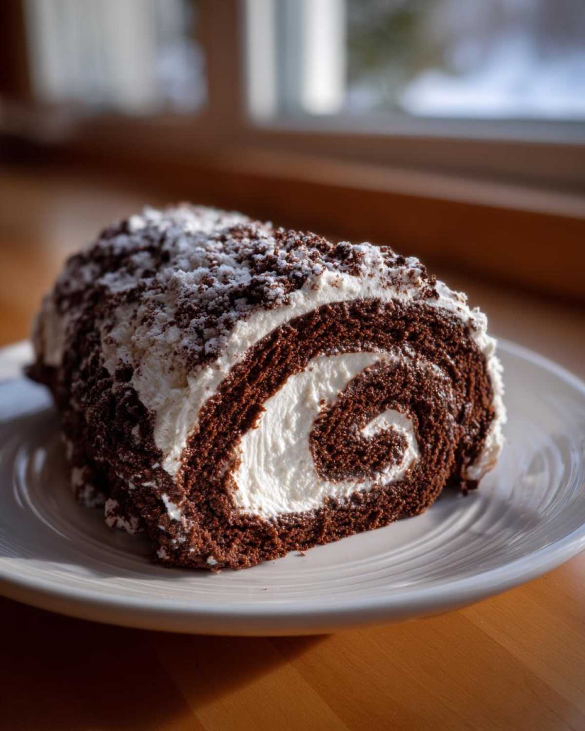 A cross-section slice of a rich chocolate yule log cake filled with white cream and topped with crumbs.