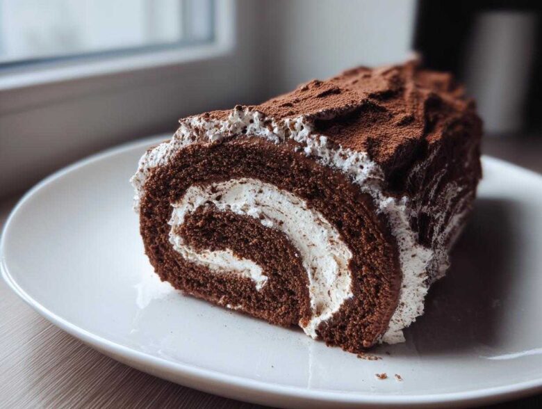 A cross-section slice of a rich chocolate yule log cake filled with white cream, dusted with cocoa powder.
