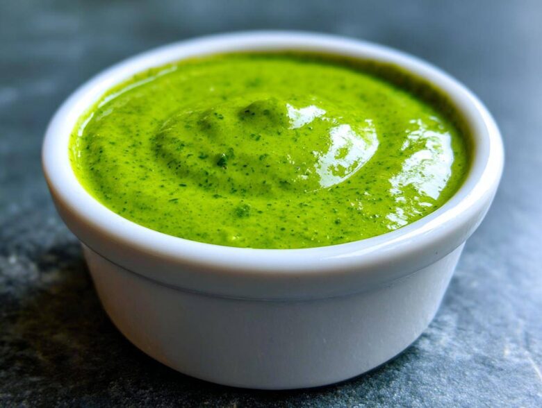 Close-up of vibrant green cilantro lime sauce served in a small white dipping bowl on a dark surface.