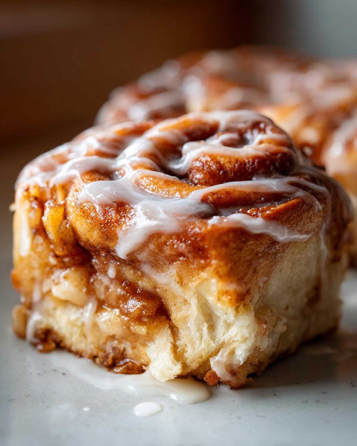 A close-up of a single, gooey slice of cinnamon roll apple pie topped with white icing.