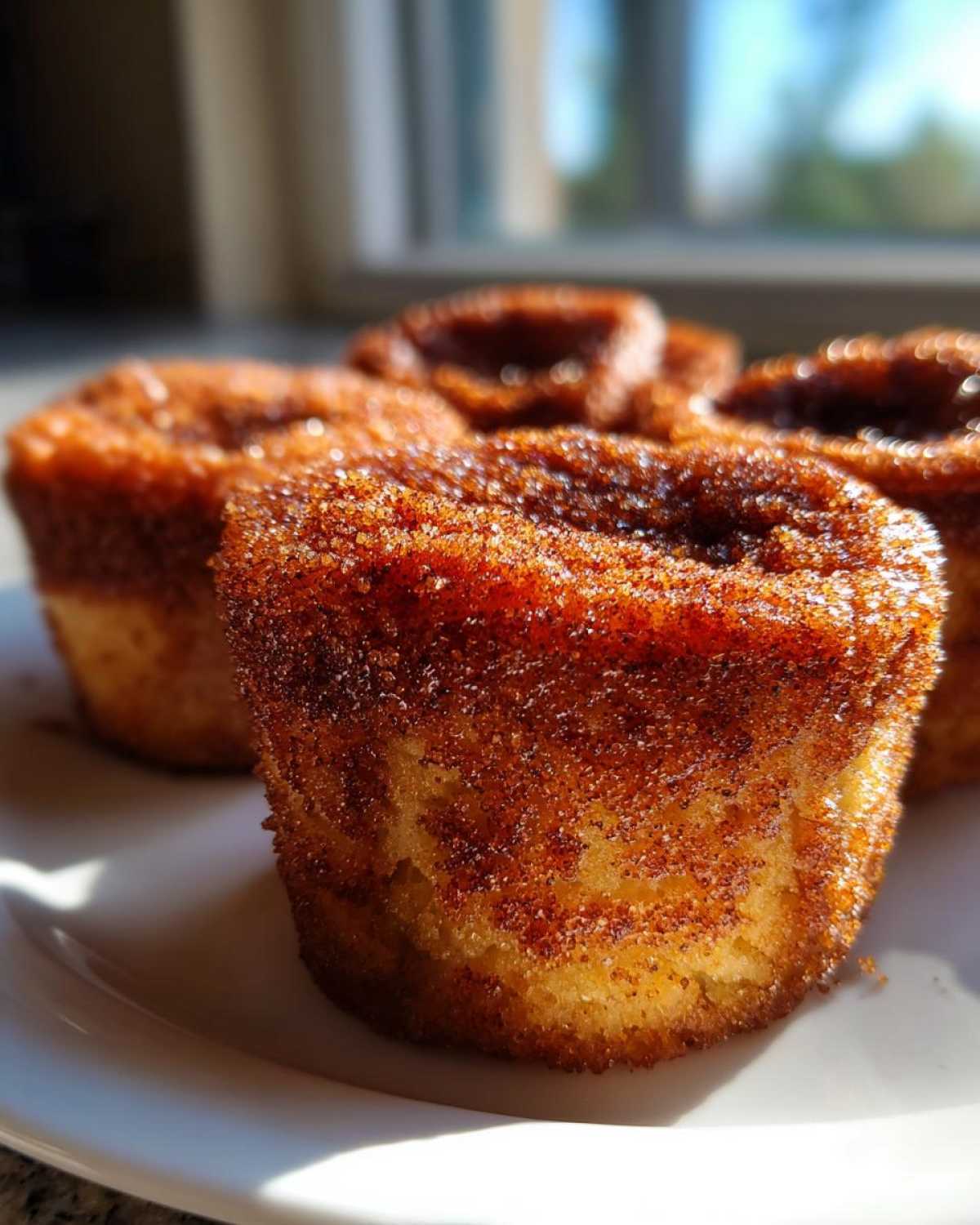 Close-up of several golden french toast muffins heavily coated in sparkling cinnamon sugar topping.