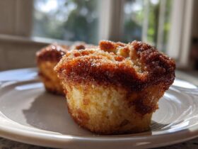 Close-up of a freshly baked french toast muffin topped with sparkling cinnamon sugar, sitting on a white plate.