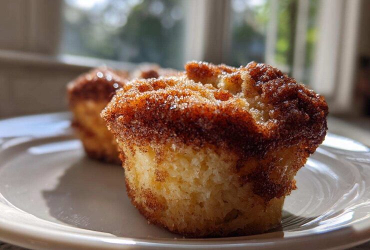 Close-up of a freshly baked french toast muffin topped with sparkling cinnamon sugar, sitting on a white plate.