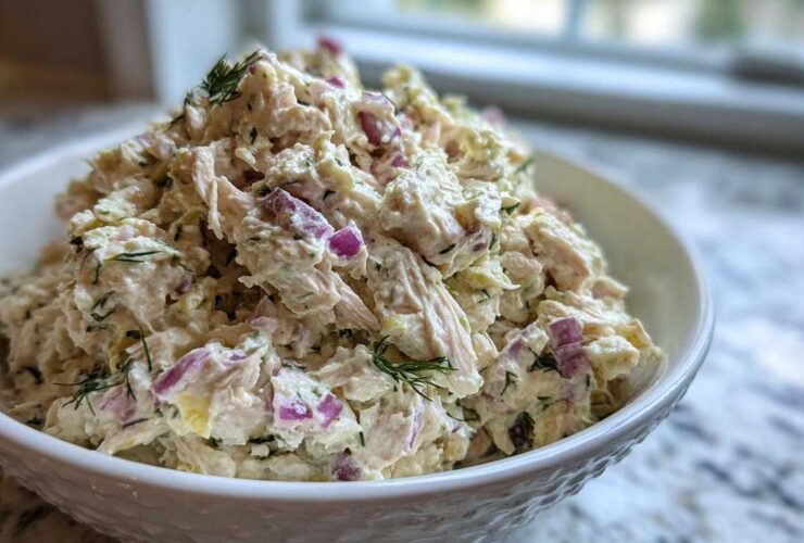 A generous serving of high-protein cottage cheese chicken salad mixed with red onion and dill in a white bowl.