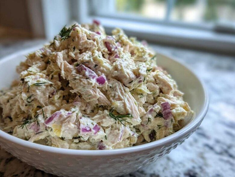A generous serving of high-protein cottage cheese chicken salad mixed with red onion and dill in a white bowl.