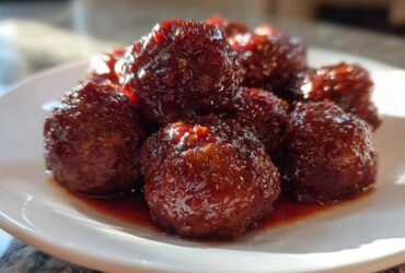 A close-up shot of several glistening cranberry meatballs coated in a thick, dark red glaze, served on a white plate.