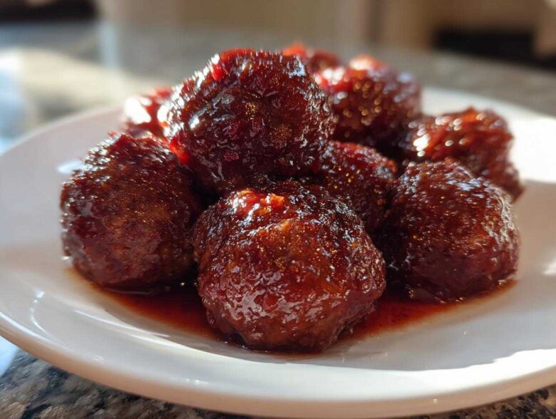 A close-up shot of several glistening cranberry meatballs coated in a thick, dark red glaze, served on a white plate.