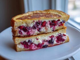 Two halves of creamy berry stuffed french toast stacked on a white plate, showing rich filling.