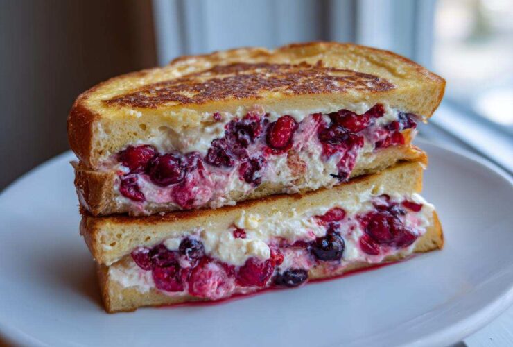 Two halves of creamy berry stuffed french toast stacked on a white plate, showing rich filling.