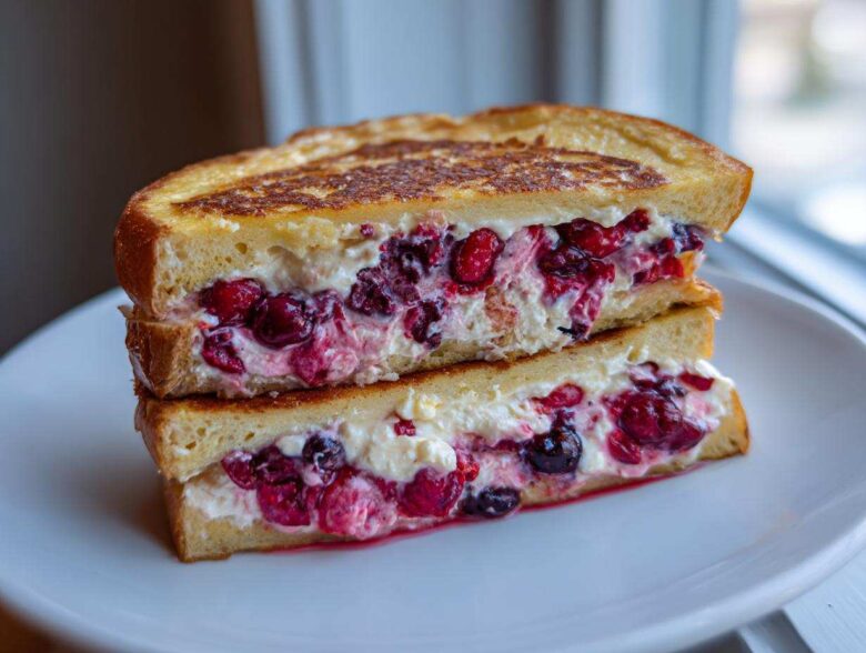 Two halves of creamy berry stuffed french toast stacked on a white plate, showing rich filling.