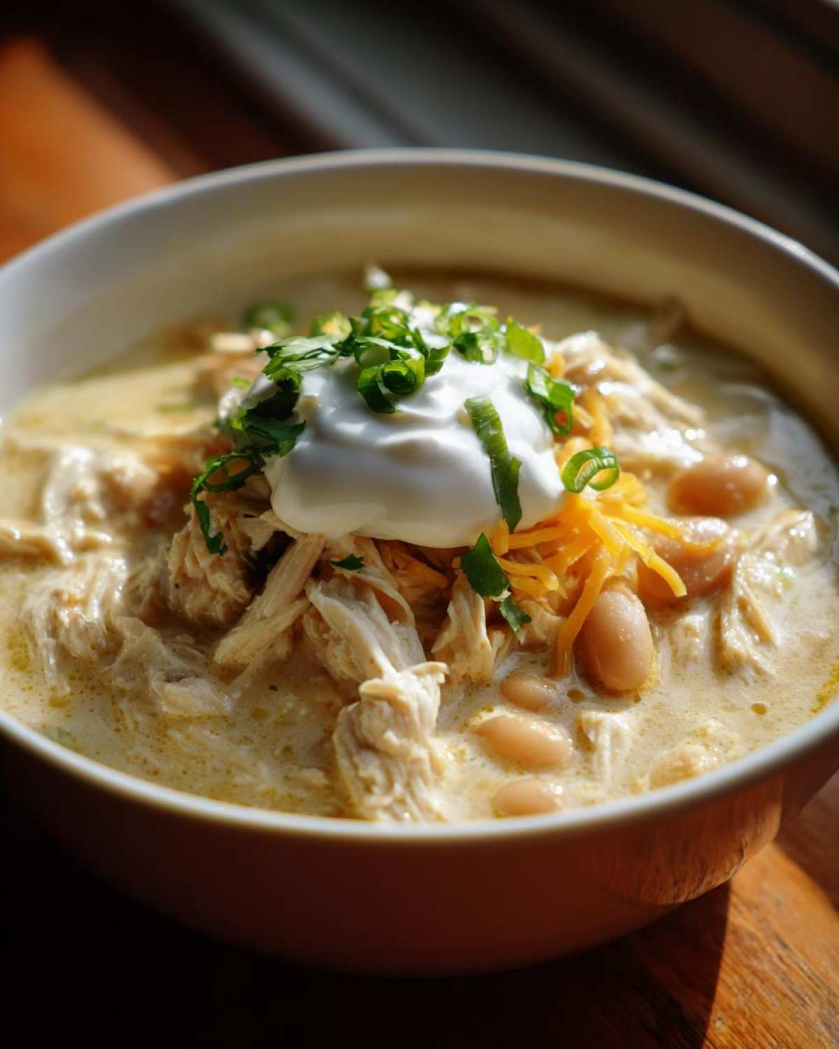 Close-up of a bowl of creamy white chicken chili with shredded chicken, white beans, and a dollop of sour cream.