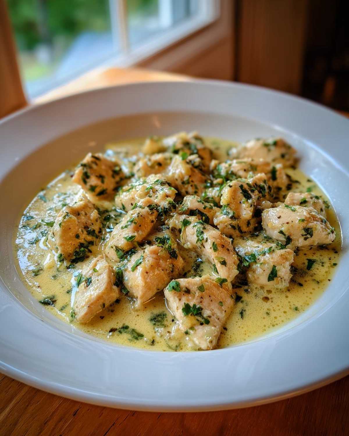 Close-up of bite-sized pieces of coconut lime chicken served in a rich, creamy, yellow sauce sprinkled with fresh parsley.