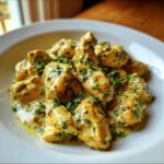Close-up of tender pieces of coconut lime chicken coated in a creamy, yellow sauce and topped with fresh parsley.