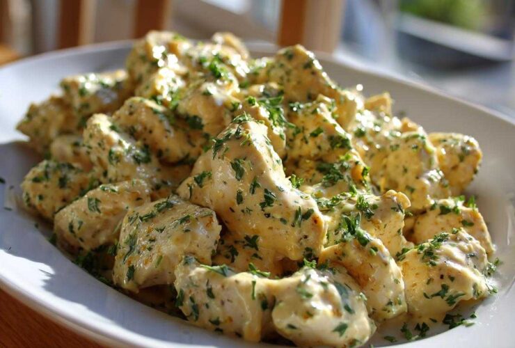 Close-up of bite-sized pieces of creamy coconut lime chicken coated in a rich sauce and garnished with fresh parsley.