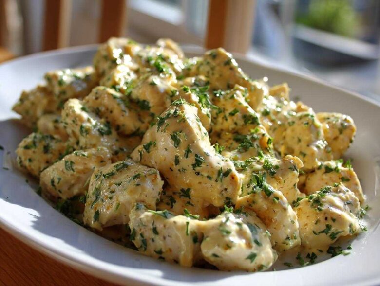 Close-up of bite-sized pieces of creamy coconut lime chicken coated in a rich sauce and garnished with fresh parsley.