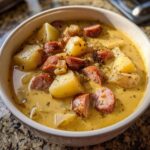 Close-up of a creamy bowl of kielbasa potato soup, featuring chunks of potato and sliced sausage.