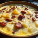 Close-up of a creamy kielbasa potato soup with chunks of sausage and potatoes in a brown bowl.