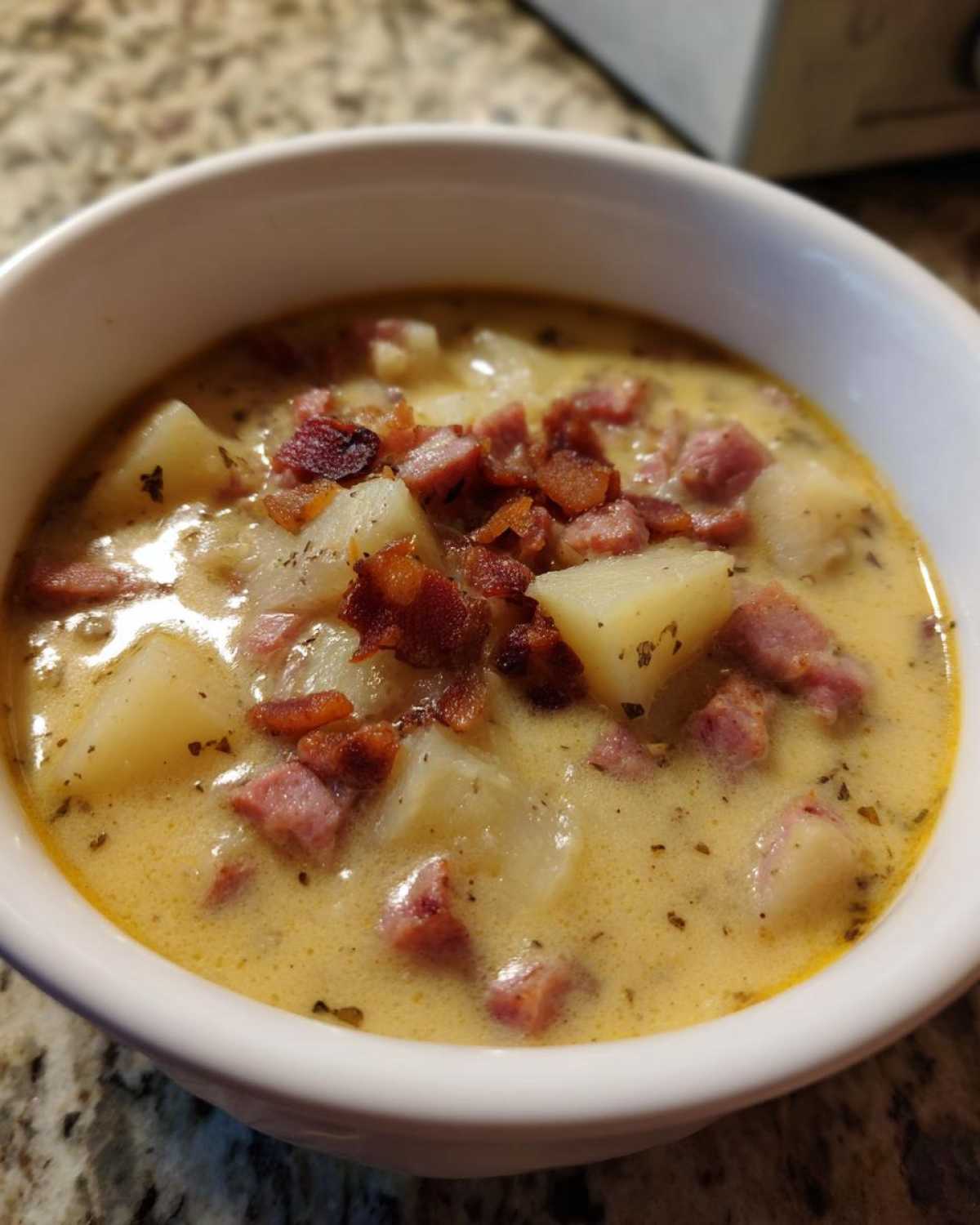 Close-up of a hearty bowl of creamy kielbasa potato soup topped with bacon bits and herbs.