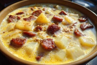 Close-up of a creamy kielbasa potato soup with chunks of sausage and potatoes in a brown bowl.